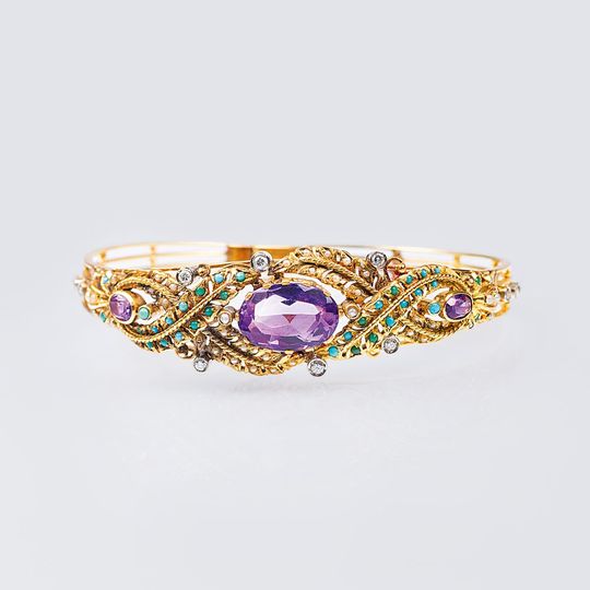 A Vintage Bangle Bracelet with Amethyst, Turquois and Diamonds