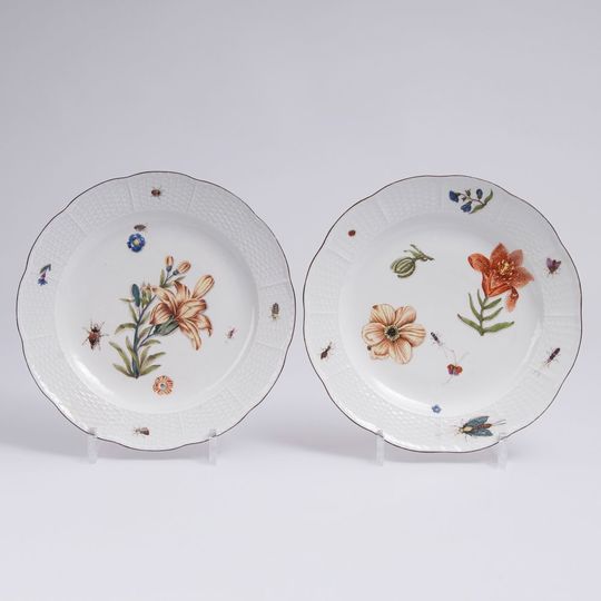 A Pair of Plates with Wood Cut Flowers and Insects