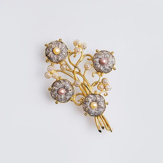Antike Perlen-Brosche mit Rosendiamanten