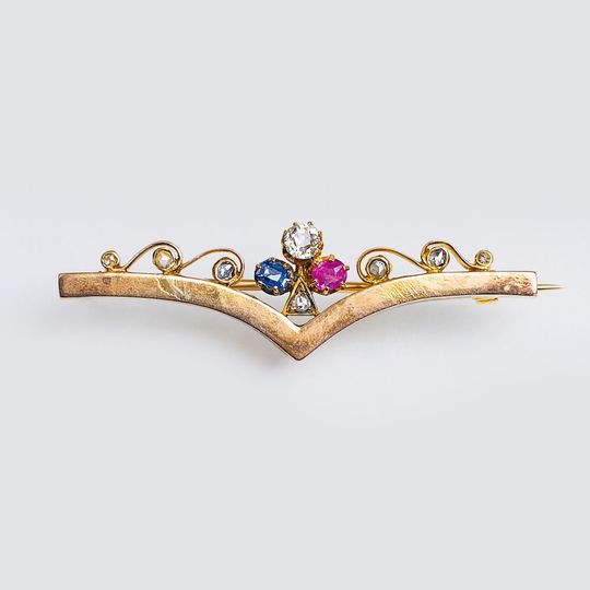 A delicate Art Nouveau Diamond Ruby Sapphire Brooch