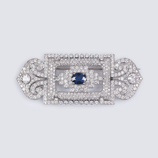 A Highcarat Art-déco Diamond Sapphire Brooch