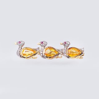 A Brooch 'Ducks' with Yellow Sapphires and Diamonds