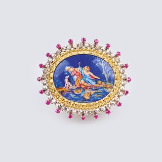 A Vintage Enamel Diamond Brooch