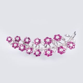 A Vintage Ruby Diamond Brooch with moveable Flowers