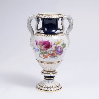 A Small Vase with Double Snake Handles and Flower Bouquets