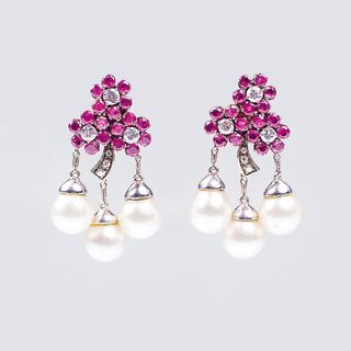A Pair of Vintage Ruby Diamond Earpendants with Pearls