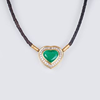 A Pendant with Emerald and Diamonds on Leatherband Necklace
