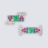 Paar Art-Déco Diamant-Clipbroschen mit Rubinen, Saphiren und Jade - Bild 1