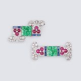 A Pair of Art-déco Diamond Clipbrooches with Rubies, Sapphires and Jade - image 1