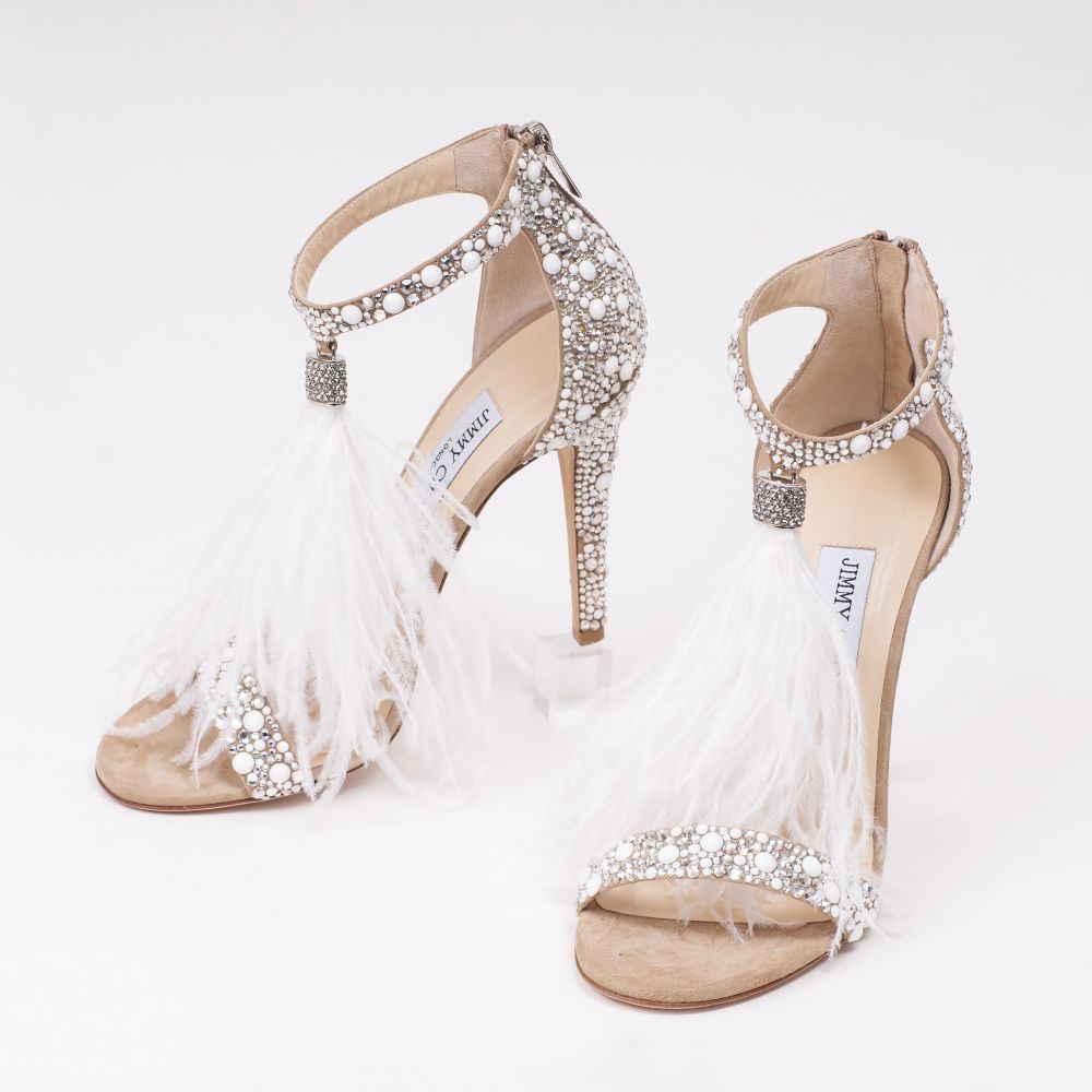 A Pair of Highheels Sandals Viola 100 with Feathers and Strass