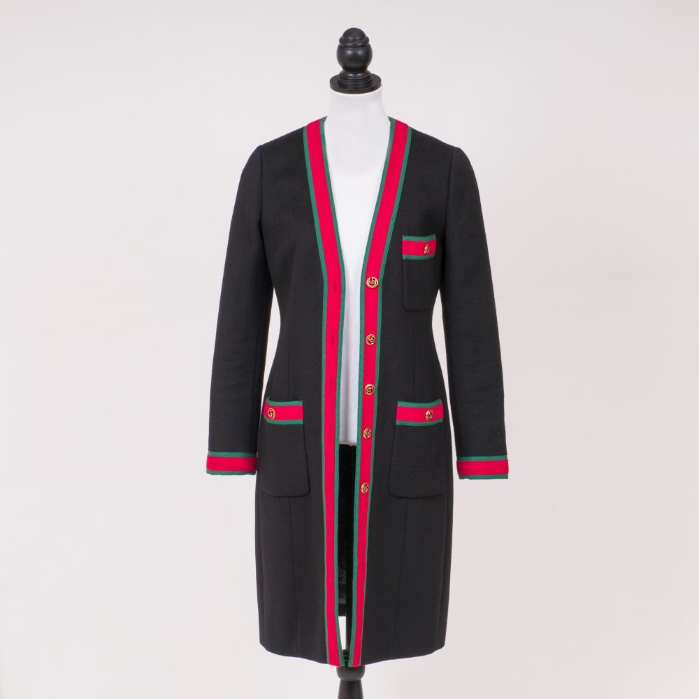 A Black wool coat with red-green ribbons