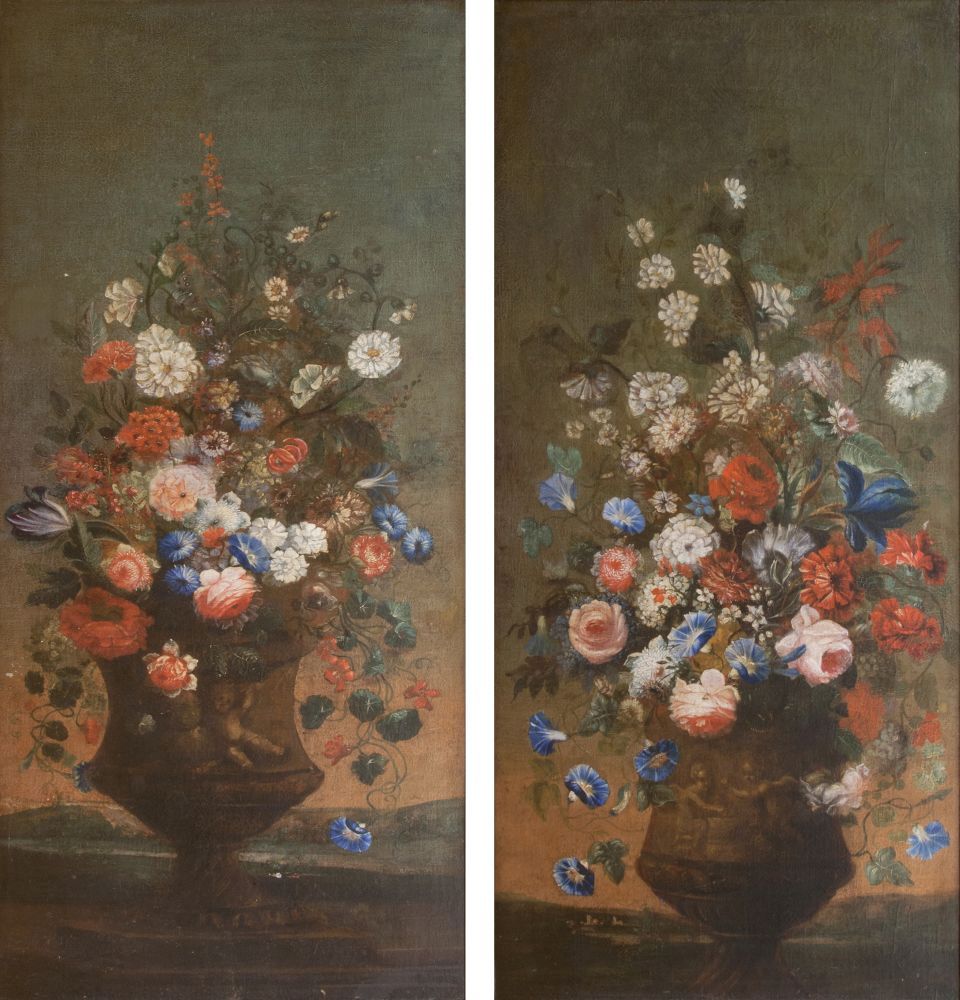 Paar Gegenstücke: Bouquets in Vasen