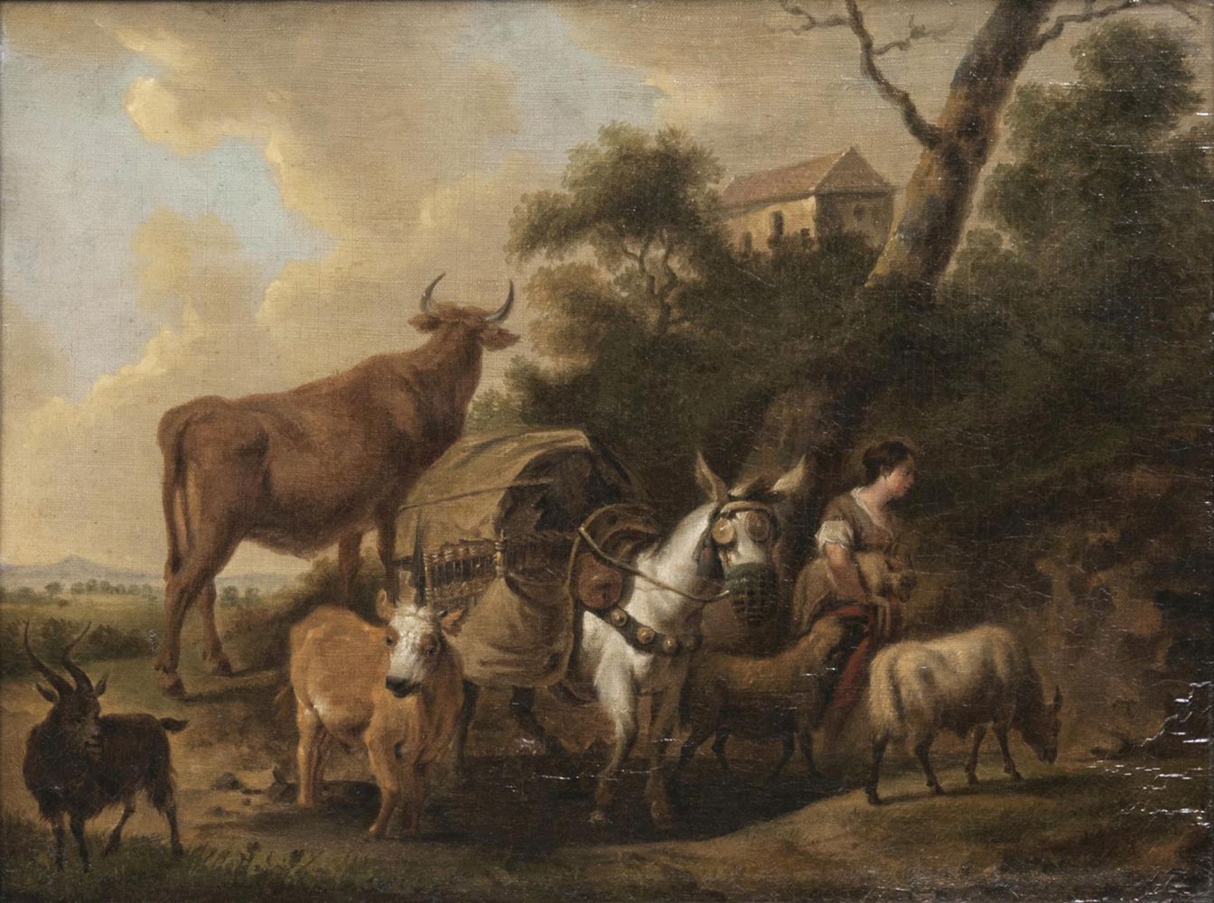 Adriaen van de Velde - Hirtin mit Packtier und Herde Hirtin mit Packtier und Herde