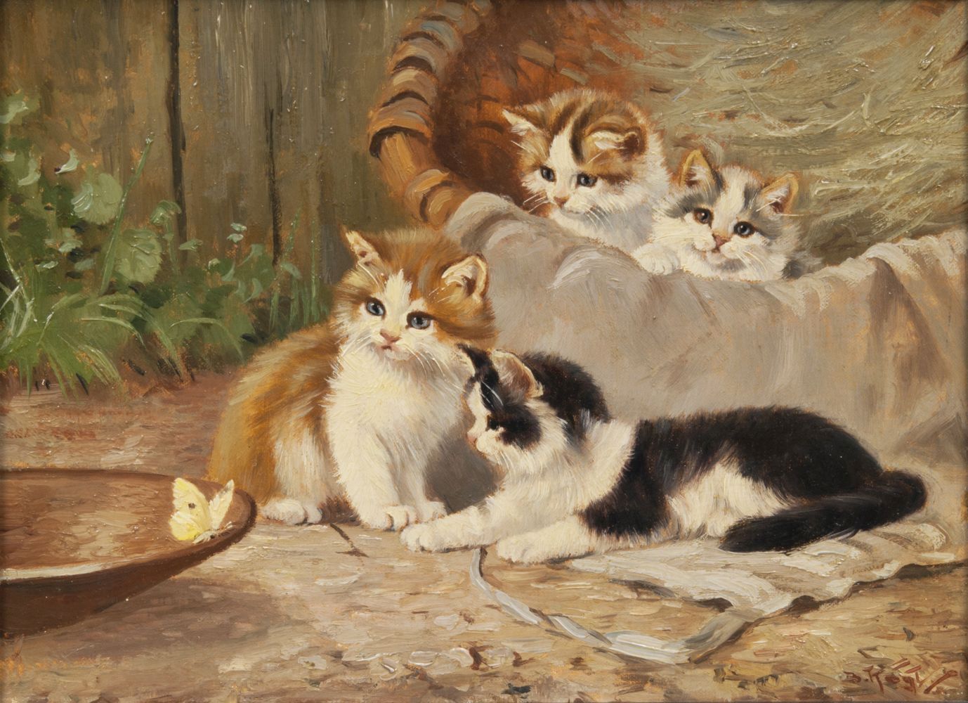 Vier Kätzchen und ein Schmetterling