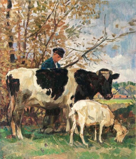 Farmer with Cow and Goat