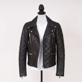 Black Quilted Leather Biker Jacket with Faux-Pearls - image 2