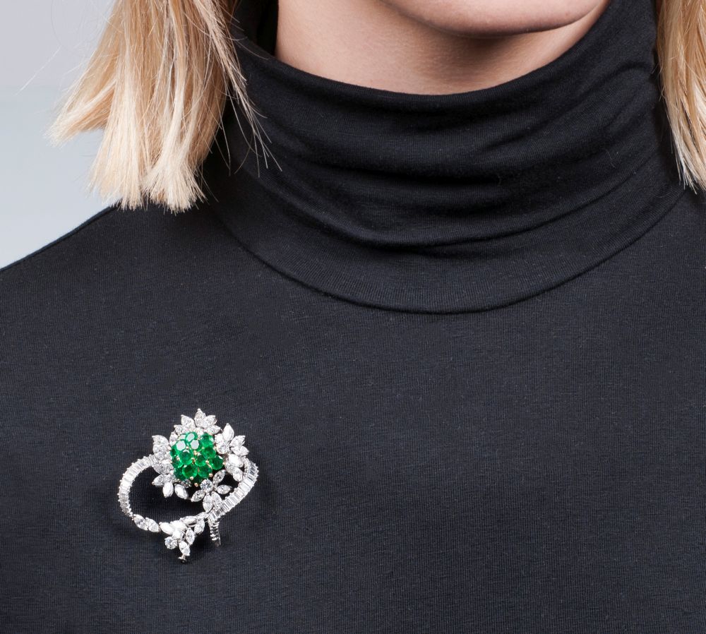 A Vintage Flower Brooch with Emeralds and Diamond - image 2