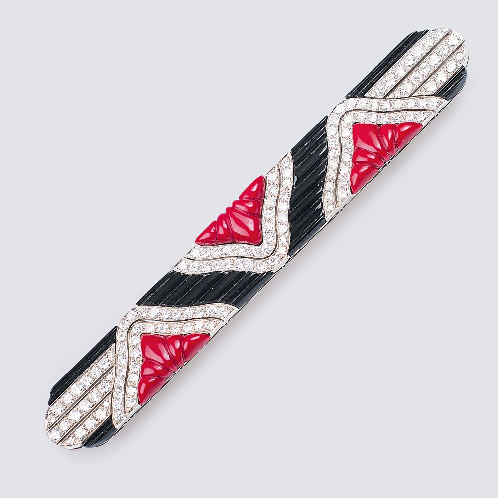 A Diamond Brooch with Onyx and Coral