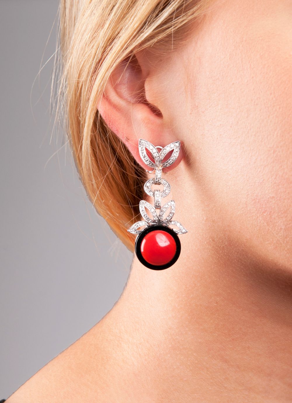 A Pair of Ear Pendants with Coral, Onyx and Diamonds - image 2