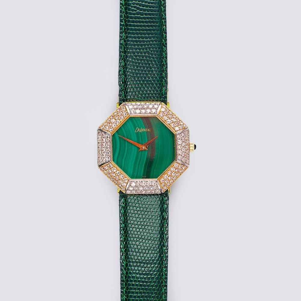 DeLaneau, gegr. 1949 in Biel von Rolf u. Yolanda Tschudin - Damen-Armbanduhr 'Malachit' mit Brillant-Besatz Damen-Armbanduhr 'Malachit' mit Brillant-Besatz