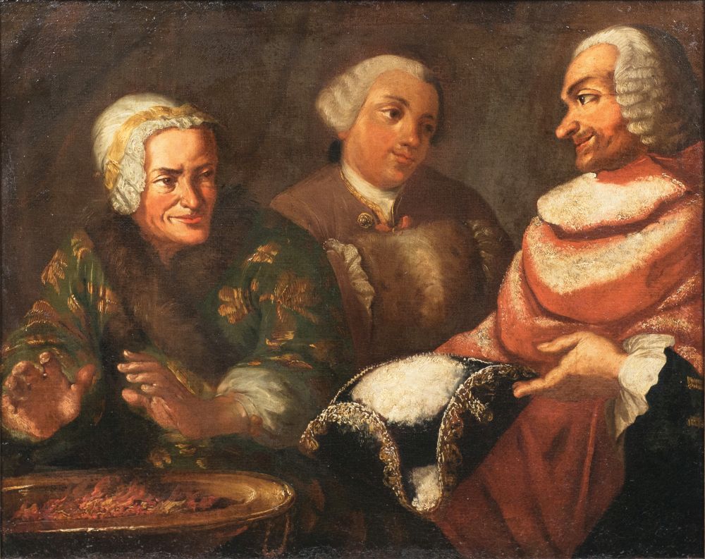 Alessandro Longhi, zugeschr. - Paar Gegenstücke: Schnee in Venedig und Kavaliere beim Kartenspiel Paar Gegenstücke: Schnee in Venedig und Kavaliere beim Kartenspiel