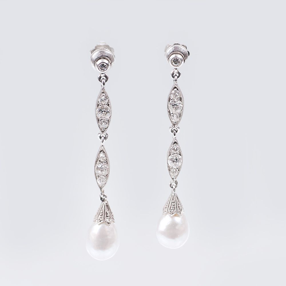 A Pair of Art Nouveau Diamond Pearl Earpendants