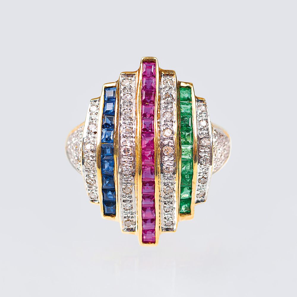 A Coloured Precious Stone Ring with Diamonds