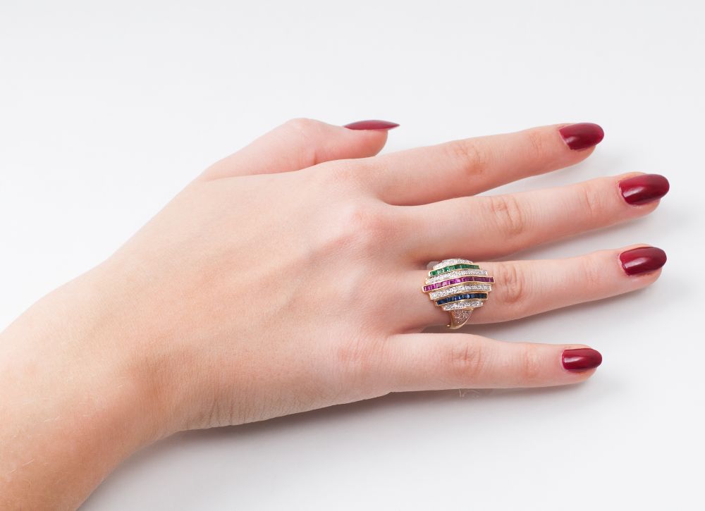 A Coloured Precious Stone Ring with Diamonds - image 2