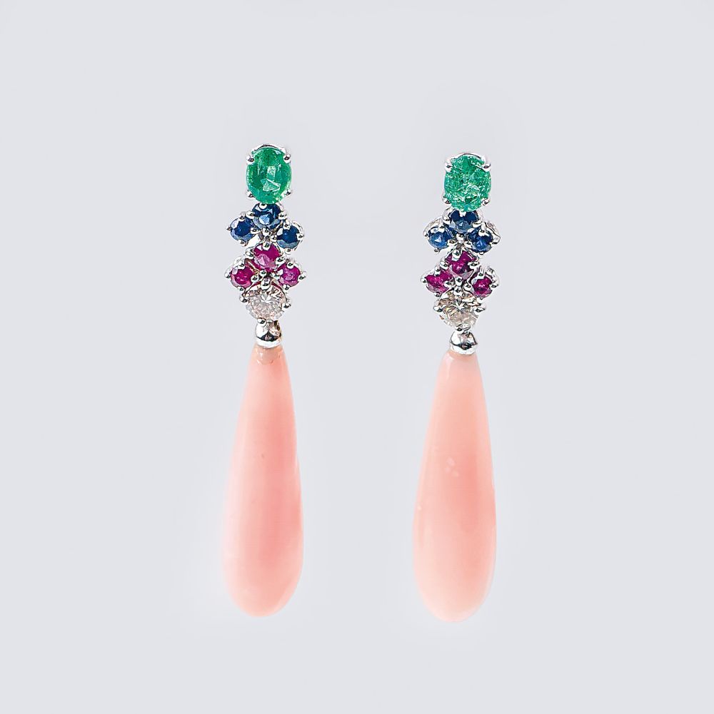 A Pair of Coral Earpendants with Coloured Stones
