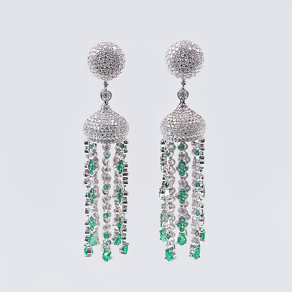 A Pair of Diamond Emerald Ear Chandeliers
