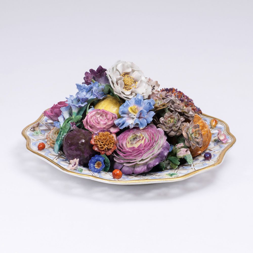 A Dessert Plate with Flower and Fruit Arrangement