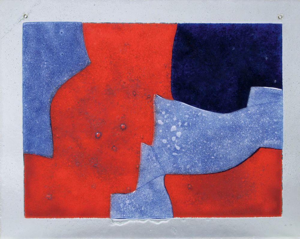 Glas-Tableau  'Komposition in Blau, Rot und Schwarz'
