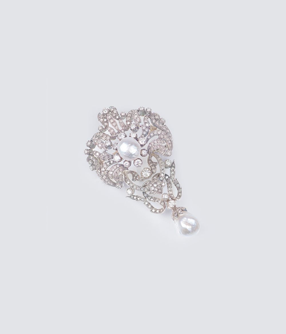 Feine Art-Nouveau Diamant-Brosche mit Barock-Perlen - Bild 2