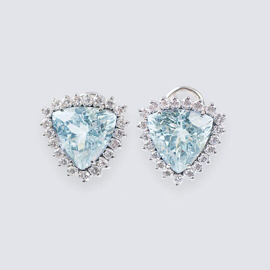 A Pair of Aquamarine Diamond Earclips