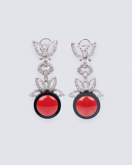 A Pair of Ear Pendants with Coral, Onyx and Diamonds