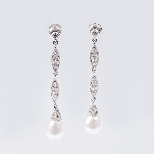 A Pair of Art Nouveau Diamond Pearl Earpendants