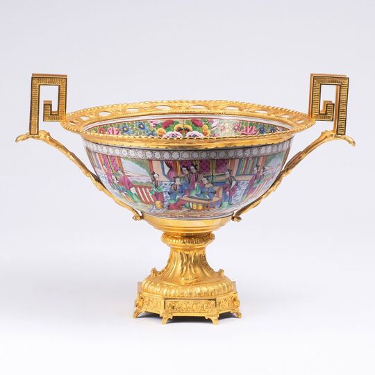 A large Canton Enamel Centrepiece with Bronze Mounting