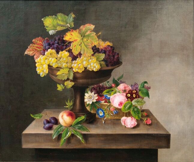 Still Life with Basket of Flowers and Fruits in a Bowl