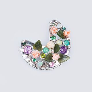 A Vintage Brooch with Coloured Gemstones and Coral Flowers