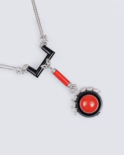 A Necklace with Coral, Onyx and Diamonds