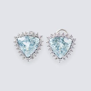 A Pair of Aquamarine Diamond Earclips