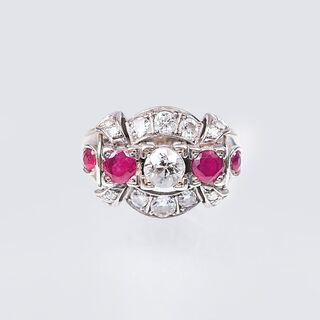 An Art-déco Ring with Diamonds and Rubies
