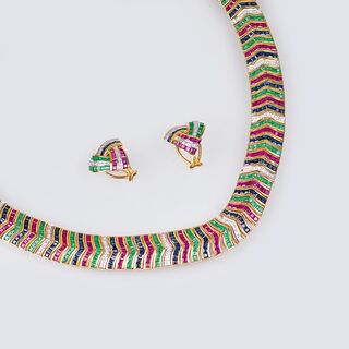 A Coloured Precious Stone Necklace with Earrings