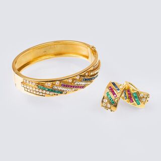 A Coloured Precious Stone Bangle Bracelet with Earrings