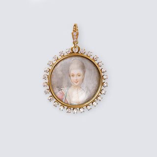 A Pendant with Old Cut Diamonds and Rokoko Miniature Portrait