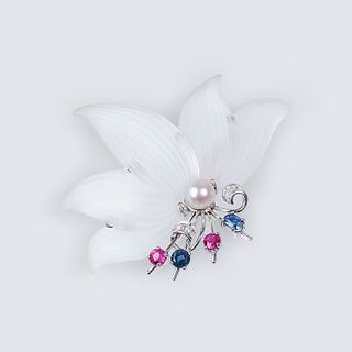 A Flower Brooch with Rock Crystal and Precious Stones