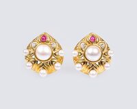 A Pair of Vintage Earclips with Pearls, Diamonds and Rubies - image 1