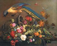 Früchtekorb mit Blumen und Papageien - Bild 1