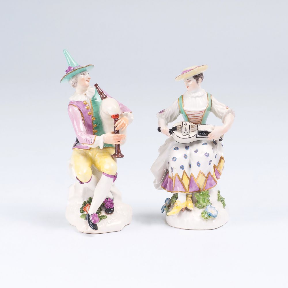 Harlequin with Bagpipes and Girl with Lyre and Hat