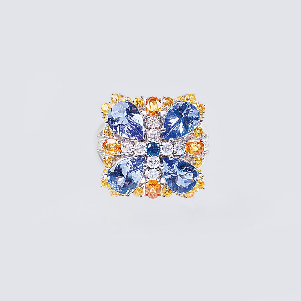 A Flower Ring with colourful Precious Stones